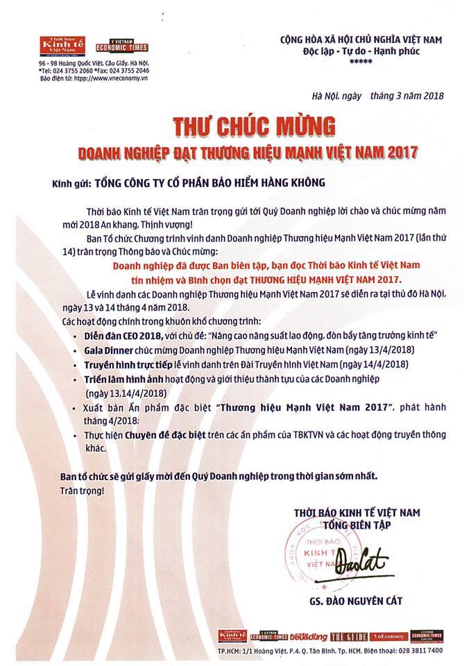  Thư chúc mừng VNI là doanh nghiệp đạt thương hiệu mạnh Việt Nam 2017