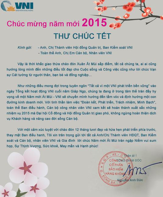 Thư chúc tết cổ truyền Xuân Ất Mùi 2015 của TGĐ gửi Thành viên Hội đồng Quản trị, Ban Kiểm soát và CBNV VNI